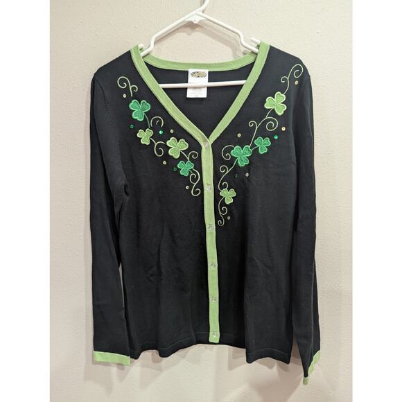 Pretty black v-nexk cardigan w/green trim & shamrocks embroidery size Medium - Picture 1 of 10